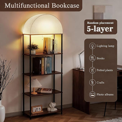 Lighted Arched Bookshelf, 4 Tier Arch Bookcase with Lights, Tall Book Shelf for Ornaments/CDs, Display Storage Shelves for Bedroom/Living Room/Home/Office, Rustic Brown