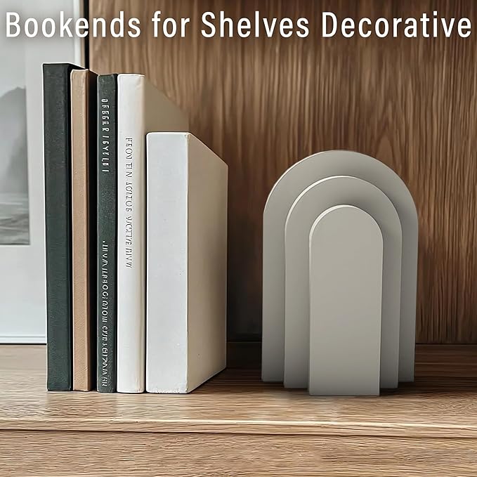 Heavy Duty Book Ends for Shelves, Decorative Bookends for Heavy Books Set of 2, 6.6 LBS Modern Book Stopper for Home Decor, Bookshelf, Aesthetic Bookend with Layered Arch Design, Gray