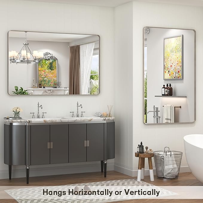 48x36 Inch Brushed Nickel Bathroom Mirror, Brushed Silver Metal Framed Wall Mirror, Rounded Corner Rectangle Modern Vanity Mirror, Tempered Glass, Anti-Rust, Shatterproof (Horizontal/Vertical)