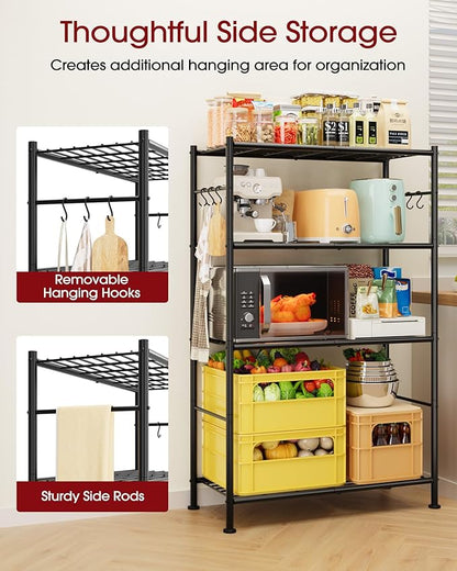 Storage Shelves - 4-Tier Spacious Shelf Organizer with Hooks & Leveling Feet, Easy to Assemble, Rust-Resistant Garage Shelving for Kitchen, Pantry, Bedroom, 33.2" x 12.7" x 57.3", Black