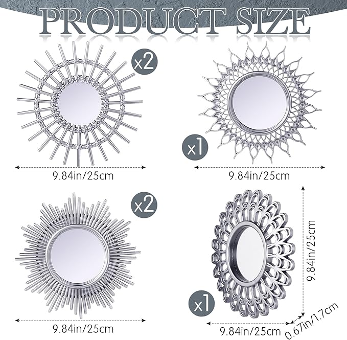 Namalu 6 Pcs Mirrors - Small Circle Sun Mirrors for Decorative Wall Art - Entryway, Bathroom, Bedroom, Living Room (Silver, Classic)