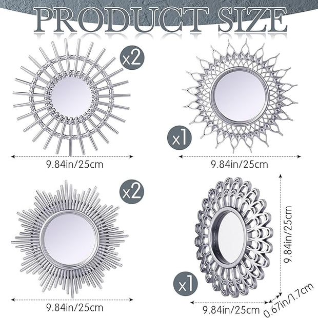 Namalu 6 Pcs Mirrors - Small Circle Sun Mirrors for Decorative Wall Art - Entryway, Bathroom, Bedroom, Living Room (Silver, Classic)