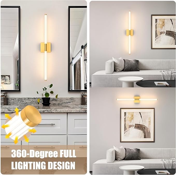 Gold Battery Operated Wall Sconces Set of 2, Rechargeable Battery Wall Sconce with Remote, Dimmable 3 Color LED Wireless Wall Lights, 360° Full Lighting, Timer & Memory Function 24 Inch