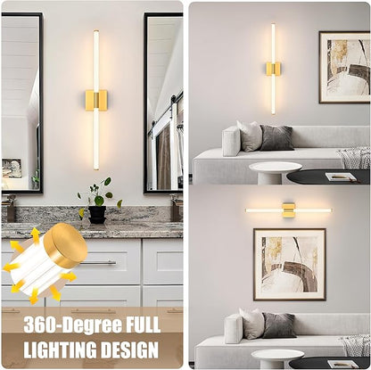 Gold Battery Operated Wall Sconces Set of 2, Rechargeable Battery Wall Sconce with Remote, Dimmable 3 Color LED Wireless Wall Lights, 360° Full Lighting, Timer & Memory Function 24 Inch