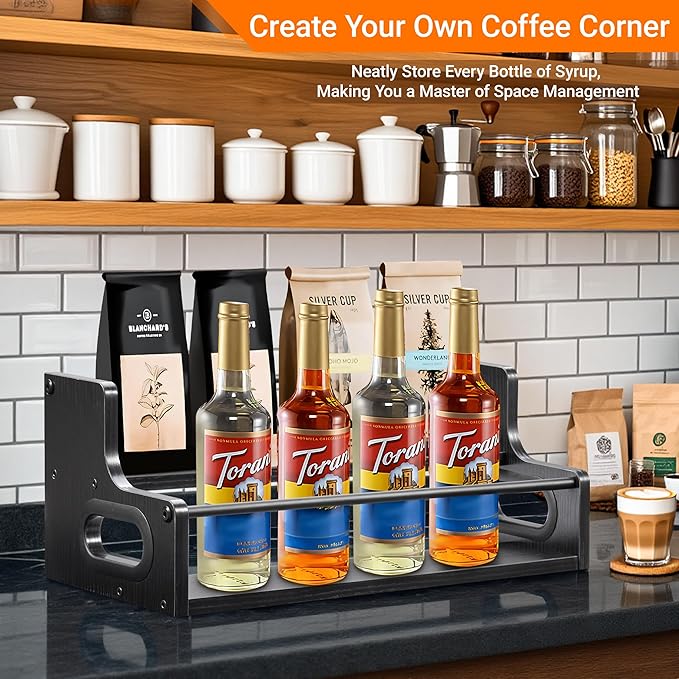 2-Tier Liquor Bottle Display Shelf, Coffee Syrup Rack Organizer, Water Bottle Organizer, Mini Bar Cabinet, Rustic Bar Shelves for Liquor Whiskey, Spirits（Black）
