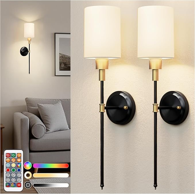 DORESshop Battery Operated Wall Sconce Set of 2, Wireless Wall Light Easy to Install, 7 Color Rechargeable Wall Sconces, Sconce Wall Decor Set of 2 for Bedroom, Living Room, Gold and Black, 24.3in