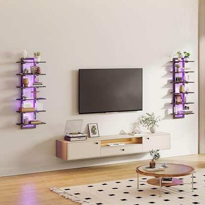 6 Tier Wall Shelf Unit with LED Light, Black Floating Shelf, Vertical Display Shelf, Wall Decor for Bedroom Living Room, Vanity, 15" W x 5.9" D x 43.3" H