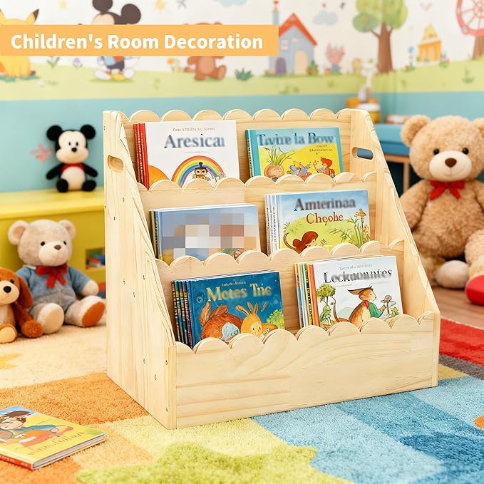 Kids Bookshelf 3-Tier, Solid Wood Bookcase & Montessori Book Display Rack, Open Front Facing Bookshelves for Toddlers, Children's Room, Nursery, Bedroom, Playroom Organizer (Small)