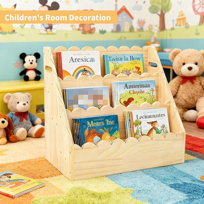 Kids Bookshelf 3-Tier, Solid Wood Bookcase & Montessori Book Display Rack, Open Front Facing Bookshelves for Toddlers, Children's Room, Nursery, Bedroom, Playroom Organizer (Small)