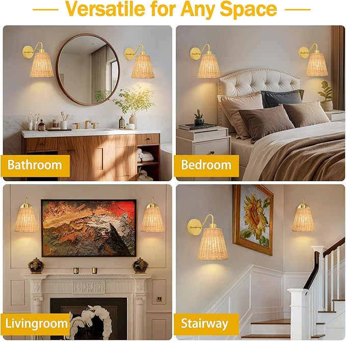 Rattan Rechargeable Battery Operated Wall Sconces Set of 2, Wireless Battery Operated Wall Lights with Remote, 12 Color LED Dimmable 5000mAh Boho Lighting for Bedroom Living Room Hallway