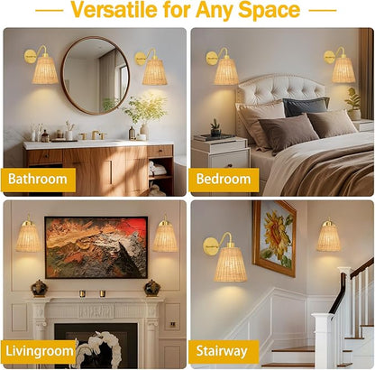 Rattan Rechargeable Battery Operated Wall Sconces Set of 2, Wireless Battery Operated Wall Lights with Remote, 12 Color LED Dimmable 5000mAh Boho Lighting for Bedroom Living Room Hallway