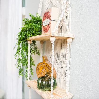 SnugLife 2 Tier Macrame Wall Hanging Shelf with Woven Rope - Boho Pine Wood Shelves for Plants, Bathroom, Kitchen