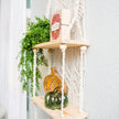 SnugLife 2 Tier Macrame Wall Hanging Shelf with Woven Rope - Boho Pine Wood Shelves for Plants, Bathroom, Kitchen