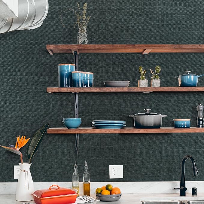 WADILE Grasscloth Peel and Stick Wallpaper 15.7in x 78.7in, Textured Contact Paper for Cabinets, Faux Linen Wall Paper Pull and Stick, Fabric Vinyl Wallpaper Self Adhesive Blackish Green