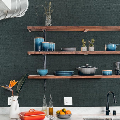 WADILE Grasscloth Peel and Stick Wallpaper 15.7in x 78.7in, Textured Contact Paper for Cabinets, Faux Linen Wall Paper Pull and Stick, Fabric Vinyl Wallpaper Self Adhesive Blackish Green