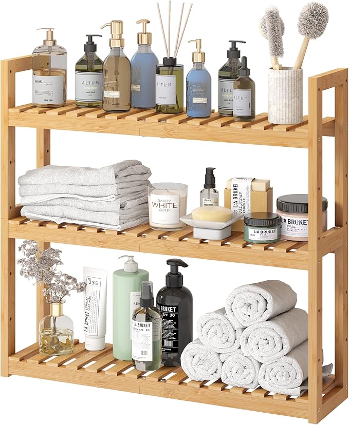 FILWH Bamboo Organizer Rack - Adjustable 3-Tier Storage Shelf, Wall Mounted or Over The Toilet, Living Room, Kitchen (Natural)