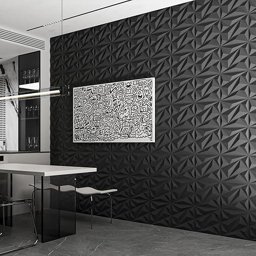 Art3dwallpanels 50 Pack 3D Wall Panel Diamond for Interior Wall Décor, PVC Flower Textured Wall Panels for Living Room Lobby Bedroom Hotel Office, Black, 12''x12''