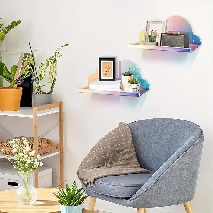 Lesnala 2Pcs Cloud Mini Shelf Iridescent Floating Shelves Acrylic Wall Mounted with Stickers and Screws for Bathroom Bedroom Living Room Office