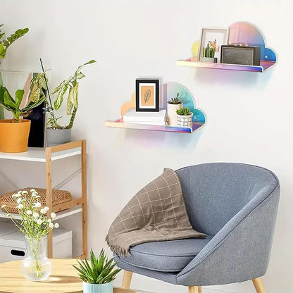 Lesnala 2Pcs Cloud Mini Shelf Iridescent Floating Shelves Acrylic Wall Mounted with Stickers and Screws for Bathroom Bedroom Living Room Office