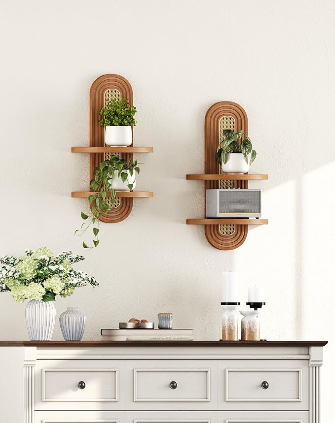 Floating Shelves for Wall,Boho Home Wall Decor,2-Tier Rattan Plant Shelf,Mid Century Hanging Small Decorative Shelf,Natural Wood Shelves for Living Room,Bedroom,House,Office,1-Pack (Walnut)