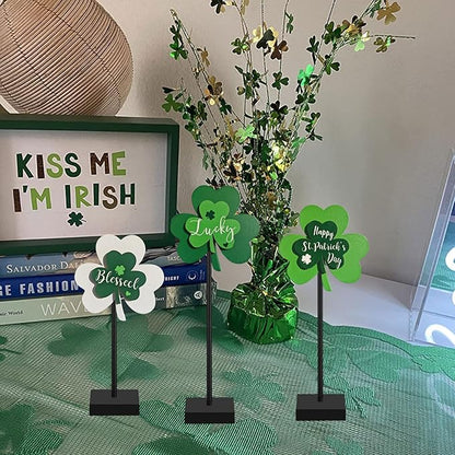 Happy St. Patrick's Day Blessed Lucky Irish Wood Sign Decor Farmhouse Home Office Coffee Bar Kitchen Table Decor 3 Pieces Green