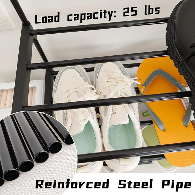 Shoe Rack Organizer, 3-Tier Reversible Metal Space Saving Shoe Storage Shelf - for Entryway, Closet, Front Door, Bedroom, Garage & Corridor-Closet Organizer, Garage Storage Shelves (Black)