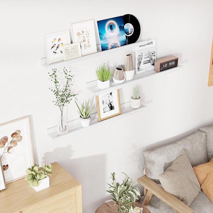 RICHFOCUS Floating Shelves for Wall, 36 inch Solid Wood Picture Ledge Shelf for Wall Storage, Nursery Book Shelves with Lip for Living Room Bathroom Bedroom Kitchen, Set of 3, Washed White