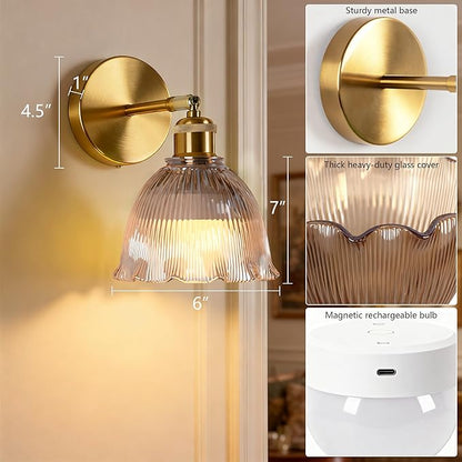 Vintage Battery Operated Wall Sconce with Amber Ripple Glass Lampshade Rechargeable Battery Powered Wall Light with Remote Control for Bedside Bedroom Bathroom, Set of 1