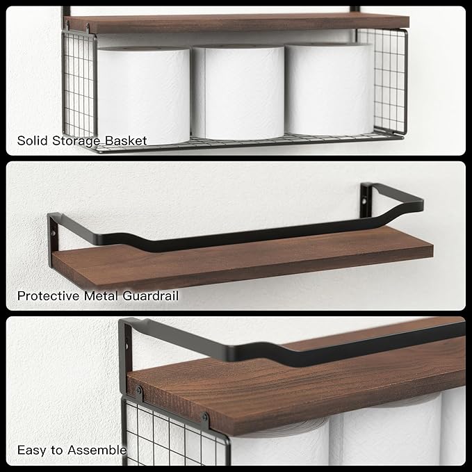 WOPITUES Floating Shelves with Wire Storage Basket, Bathroom Shelves Over Toilet with Protective Metal Guardrail, Wood Wall Shelves for Bathroom, Bedroom, Living Room, Toilet Paper- Dark Brown