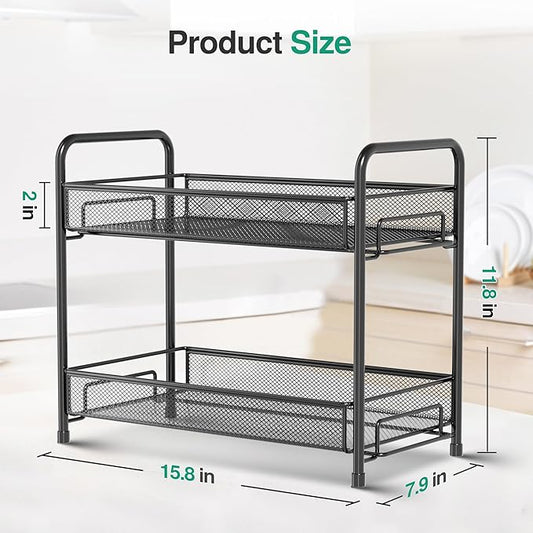 Spice Rack Organizer for Countertop,Xpatee 2-Tier Foldable Metal Rust-Proof Standing Large Seasoning Storage Shelf with Guardrail and Mesh Design for Kitchen Cabinet Bathroom Living Room Pantry, Black