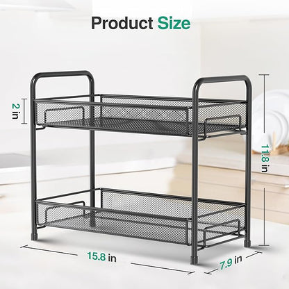 Spice Rack Organizer for Countertop 2 Pack, 2-Tier Counter Foldable Metal Standing Large Seasoning Storage Shelf for Kitchen Cabinet Bathroom Living Room Pantry Office, Black