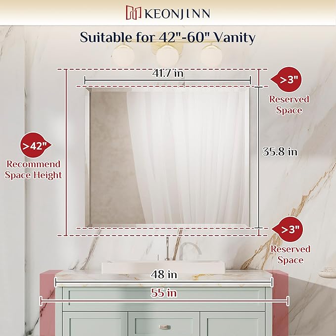Keonjinn 42 x 36 Inch Bathroom Mirror with Beveled Edge, Frameless Mirrors for Over Sink, Rectangle Wall Mirror Shatterproof, Modern Decorative for Living Room, Entryway, Bedroom, Horizontal/Vertical