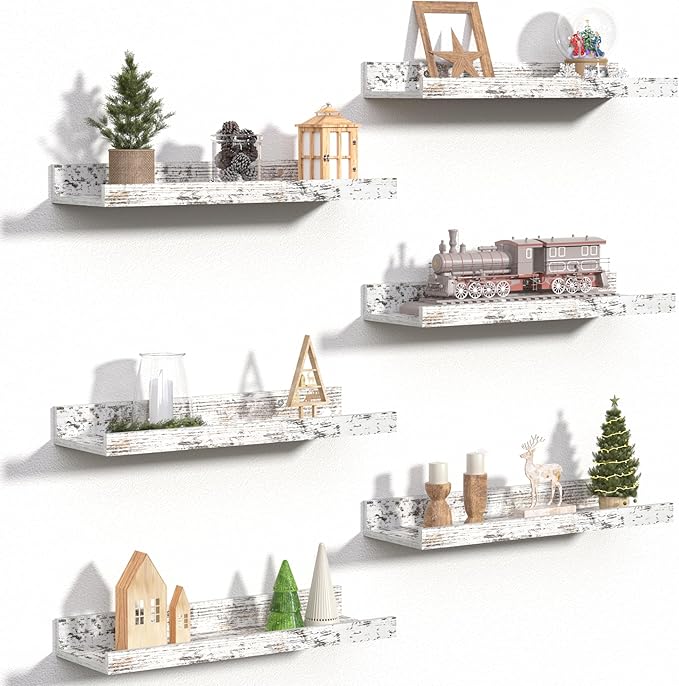 upsimples Floating Shelves for Wall, Wall Shelves for Decor Storage Set of 6, Wall Mounted Wood Shelf for Bedroom, Living Room, Bathroom, Kitchen, Picture Ledge Shelf, Rustic White