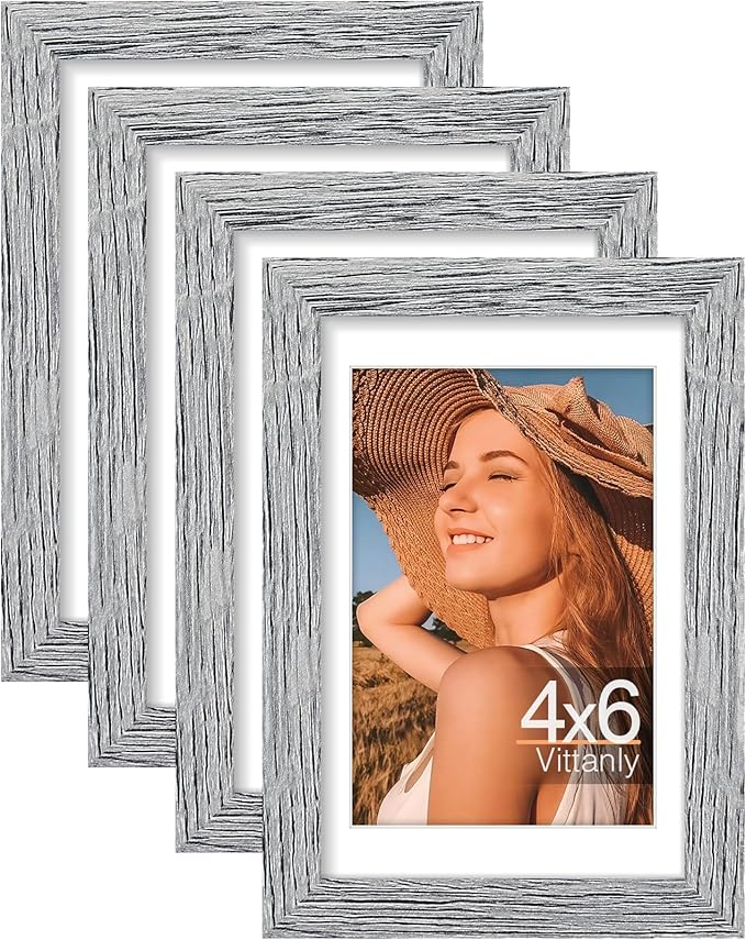 Vittanly 4x6 Picture Frame Set of 4, Display Pictures 3.5x5 with Mat or 4x6 without Mat, Engineered Wood with Shatter Resistant Plexiglass, Small Photo Frames for Wall or Tabletop Display, Grey