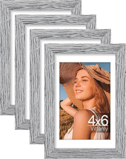 Vittanly 4x6 Picture Frame Set of 4, Display Pictures 3.5x5 with Mat or 4x6 without Mat, Engineered Wood with Shatter Resistant Plexiglass, Small Photo Frames for Wall or Tabletop Display, Grey