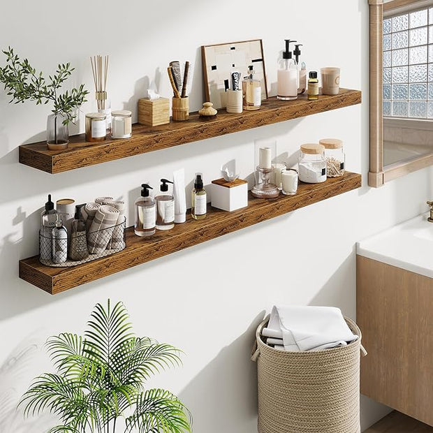 Fun Memories 55 Inch Floating Shelves Bedroom, Large Extra Floating Shelf Set of 2 with Invisible Brackets, Rustic Brown
