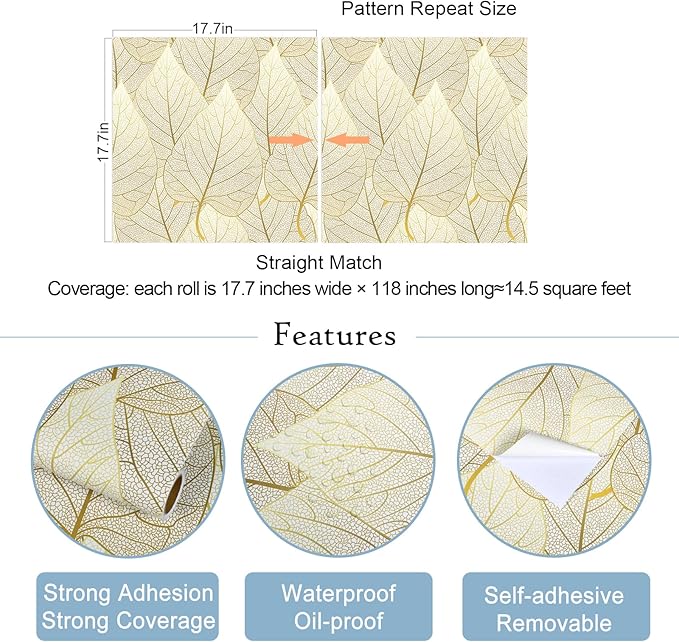 VaryStyle 17.7"x118" Luxury Gold Leaf Wallpaper White/Gold Peel and Stick Wallpaper Leaves Wall Mural Self Adhesive Stick on Vinyl Wallpaper Gold Contact Paper for Cabinets Bathroom Walls Shelf Liner