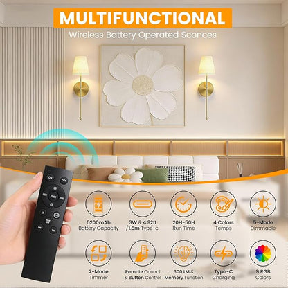 LUTEC Battery Operated Wall Sconce Set of 2,Rechargeable Wall Sconce, 12 Colors Wireless Wall Sconces with 5200mAh RGB Dimmable and Remote,Rechargeable Sconces Decor for Bedroom/Living Room/Hallway