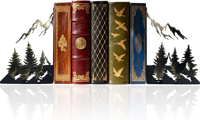 Vintage Gold Mountain Bookends – Hand-Painted Metal Forest Book Ends for Shelves, Rustic Cabin Decor Book Holders, Heavy Duty Book Stoppers with Golden Mountain & Pine Trees Design