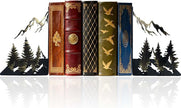 Vintage Gold Mountain Bookends – Hand-Painted Metal Forest Book Ends for Shelves, Rustic Cabin Decor Book Holders, Heavy Duty Book Stoppers with Golden Mountain & Pine Trees Design
