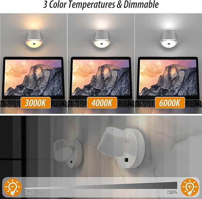 URSOLA Battery Operated Wall Lights Set of Two, LED Rechargeable Battery Wall Sconce with 9000mAh 3CCT and Dimmable Magnetic 360° Rotation Cordless Light for Bedroom（White）
