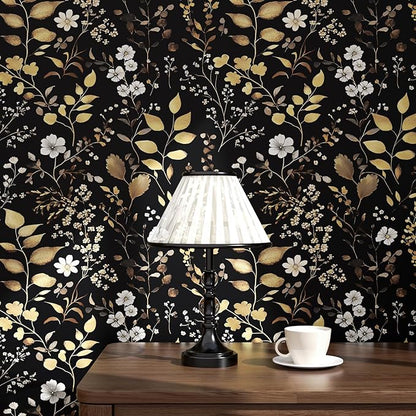 Boho Wallpaper Peel and Stick Dark Floral Wallpaper 17.5in x393in Vintage Leaf Contact Paper Vinyl Waterproof Self Adhesive Golden Leaf Botanical Wall Paper for Cabinet Table Drawer Decor