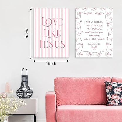 Coquette Pink Bow Wall Art Set of 3, Light Pink Bow Dorm Room Wall Decor Paintings, Inspirational Scripture Verses Canvas Posters Prints Pictures for Girls Dorm Room Bedroom Bathroom 16x24 Inch Framed