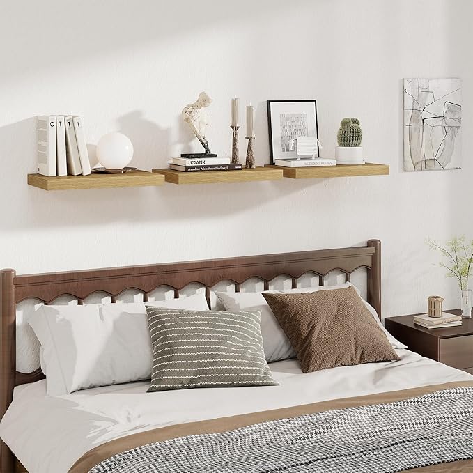 Fun Memories 12 Inch Deep Floating Shelves for Wall, 20 Inch Long Wall Mounted Storage Shelf with Invisible Brackets, 3 Pack Hanging Wood Shelf for Farmhouse, Bedroom, Kitchen, Living Room, Oak