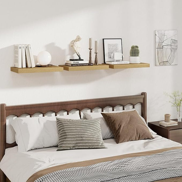 Fun Memories 12 Inch Deep Floating Shelves for Wall, 20 Inch Long Wall Mounted Storage Shelf with Invisible Brackets, 3 Pack Hanging Wood Shelf for Farmhouse, Bedroom, Kitchen, Living Room, Oak