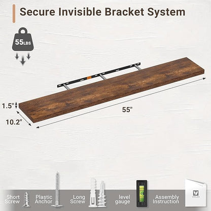 Vivelove 10 Inch Deep Floating Shelves 55 inch Long, 55 x 10 Wide Wall Shelves with Invisible Brackets, for Bedroom Bathroom Living Room Kitchen Office, Farmhouse Home Decor, Set of 2, Rustic Brown