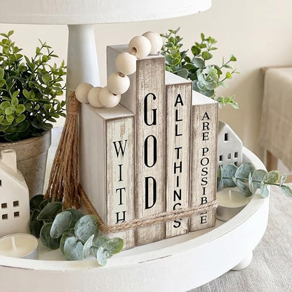 4 Pcs Christian Table Decor Wooden Book Stack Decor with God All Things are Possible Farmhouse Centerpiece with Beaded Garland Tassel Christian Home Decorations for Office, Shelf, Gift