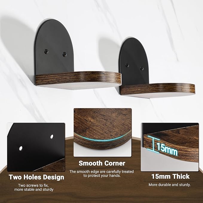 SAYAYO Small Floating Shelves for Wall Storage, 4 x 4 Inch Wall Shelves for Bedroom Decor, Mini Display Wood Shelf Organizer with Black Base for Living Room, Office, Balcony, Rustic Brown，4 Pcs
