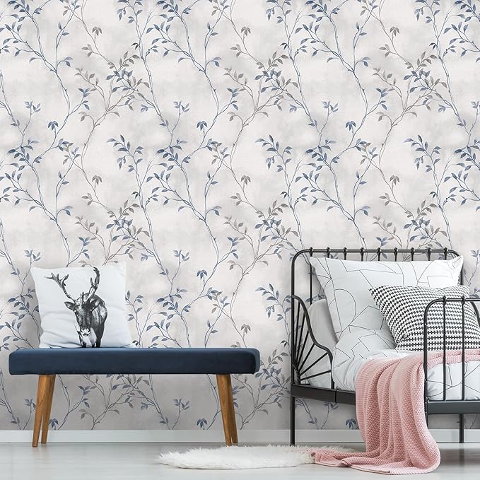 VaryStyle 17.7"x118" Grey Blue Tree Branches Wallpaper Peel and Stick Wallpaper Tree Twigs Leaf Mural Grasscloth Wallpaper Self Adhesive Removable Leaves Contact Paper for Cabinets Bedroom Bathroom