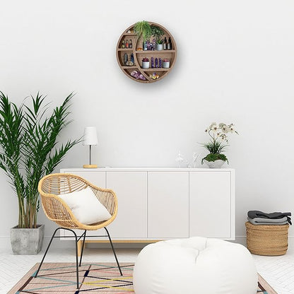 Wooden Floating Moon Shelf Wall Decor - Decorative Boho Home Hanging Display Shelf for Bedroom, Dorm, Nursery - Easy Mount Storage for Crystals and Essential Oils - 14 x 14 x 3.5 (Light Brown)